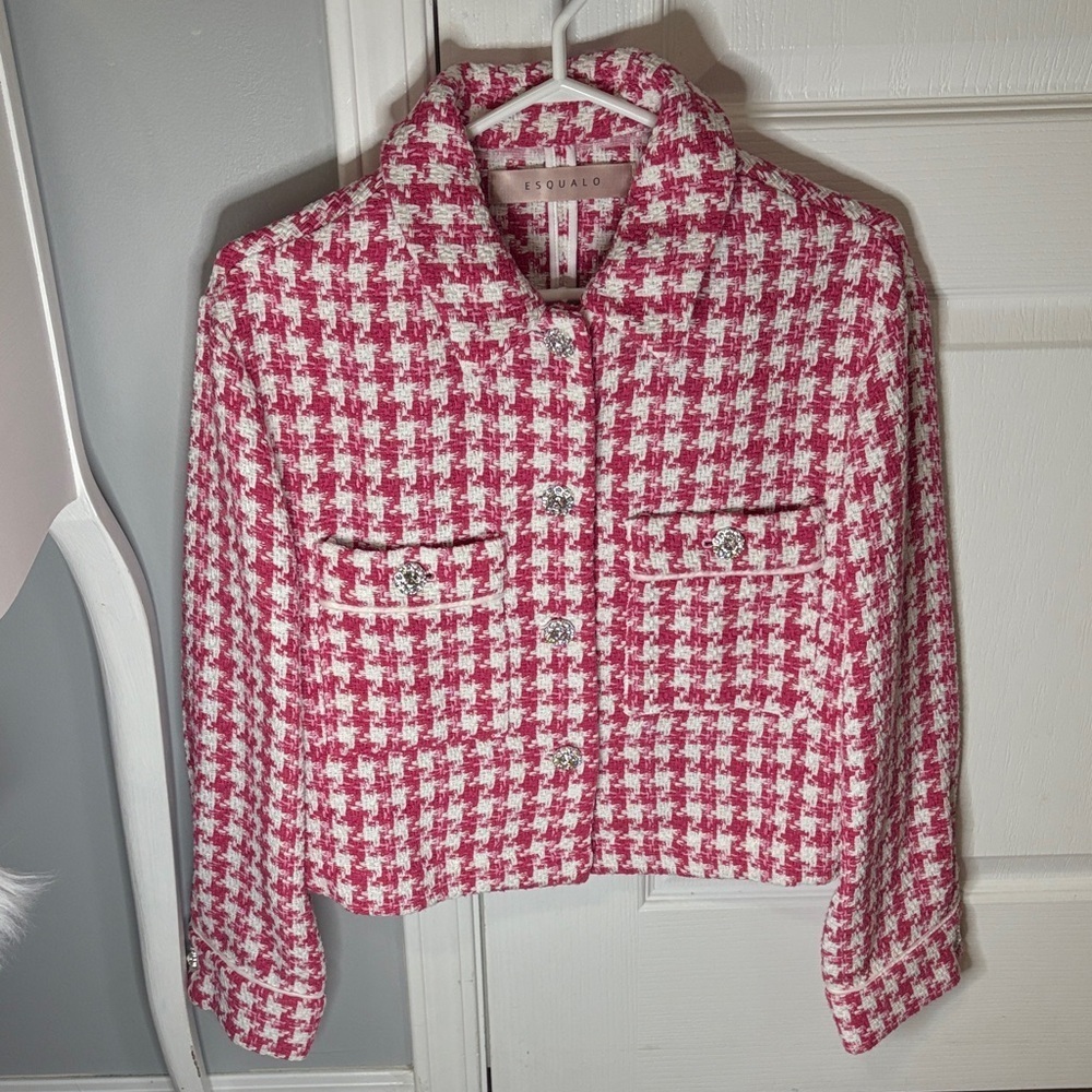 ESQUALO Pink and White Houndstooth Cropped Tweed Jacket